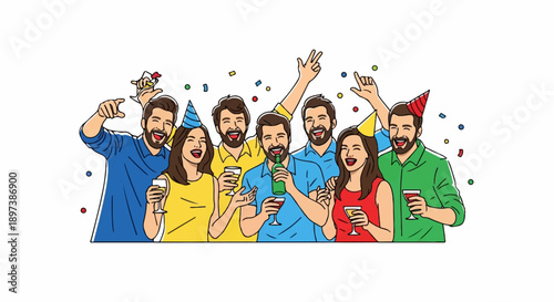 Group of smiling friends celebrating with drinks, party hats, and falling confetti in a festive atmosphere