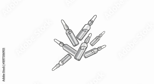 An illustration of several medical glass ampoules containing liquid, scattered against a clean white background