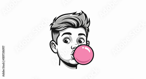 Close-up illustration of a young person blowing a large pink bubblegum bubble with wide eyes