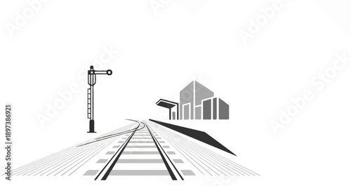 Monochrome vector illustration of a railway track leading to a station building with a signal, minimalist