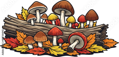 Colorful autumn illustration of various mushrooms growing on a fallen log surrounded by vibrant fall leaves