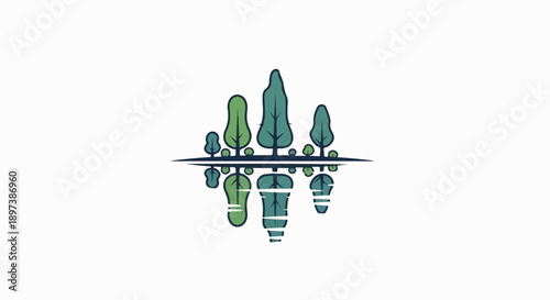 Stylized green and blue trees reflected in a calm water surface, forming a symmetrical nature-inspired emblem