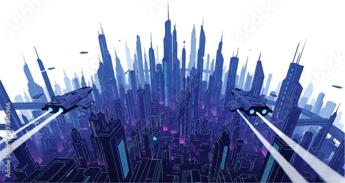 Futuristic pixel art city with towering blue and purple skyscrapers and two spaceships flying through