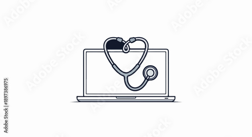 An outline illustration of a stethoscope resting on top of a laptop, symbolizing digital health or telehealth