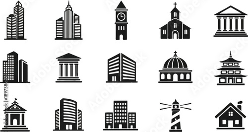 Collection of black silhouette icons featuring various architectural structures, from skyscrapers to a lighthouse