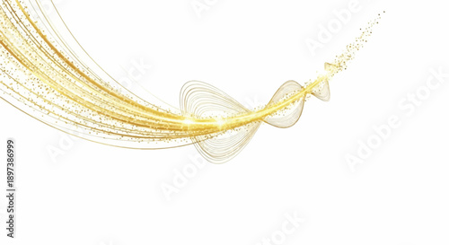 Dynamic golden abstract lines with sparkling particles sweep across a clean white background