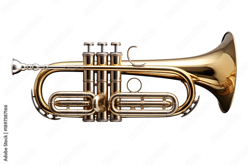 Naklejka premium Warm brass flugelhorn with deep rounded curves, reflective surface, Isolated to Transparent Background
