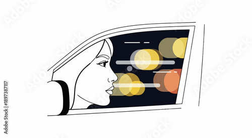 Stylized illustration of a woman looking out a car window at night, city lights blurred outside
