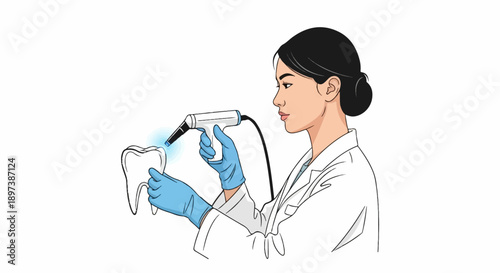 Illustration of a person in a lab coat and gloves using a light-curing tool on a tooth model