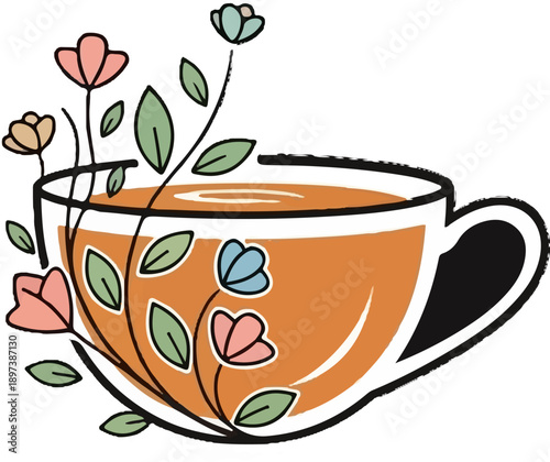 Illustration of a teacup with a warm drink, decorated by whimsical pastel flowers and green leaves