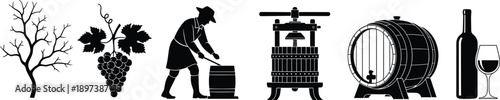 winemaking, vineyard, grapes, harvest, crush, press, barrel, bottle, glass, wine, process, silhouette, black, sequence, traditional, fermentation, aging, production, manual, craft