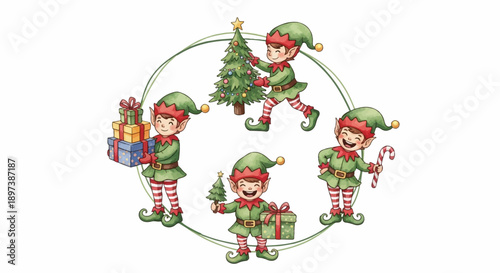 Four cheerful Christmas elves engaged in holiday preparations with gifts, trees, and candy