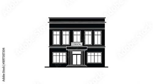 A stark black and white illustration of a classic two story building facade