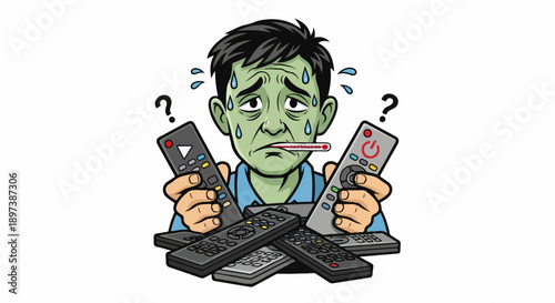 Sweaty, sick person with thermometer holding many TV remotes, looking confused, surrounded by more
