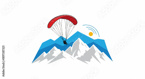 Illustration of a person paragliding over jagged mountains with a sun and signal waves in the sky