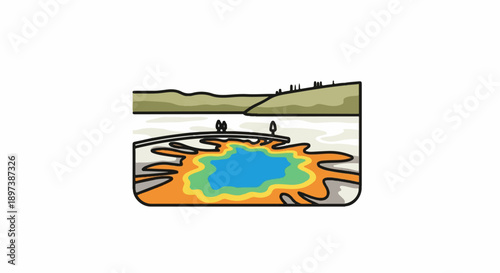 Stylized vector art of a colorful thermal spring with a boardwalk and distant hills, two small figures