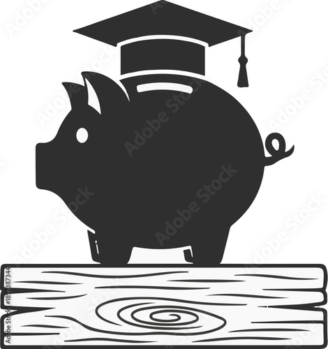 Simple icon of a piggy bank wearing a graduation cap on a wooden plank, symbolizing educational savings