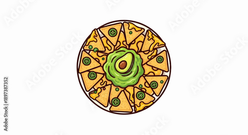 An overhead cartoon illustration of nachos with creamy guacamole, melted cheese, and jalapeños