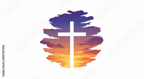 Christian cross silhouette against a vibrant, pixelated sunset sky within an organic cloud-like shape