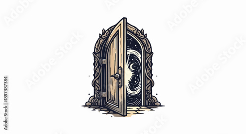 Ornate, slightly open wooden door revealing a magical night sky with stars and a shining crescent moon