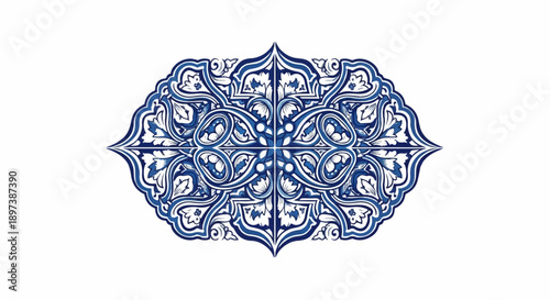 An intricate blue and white floral-inspired ornamental design on a white background, symmetrical and decorative