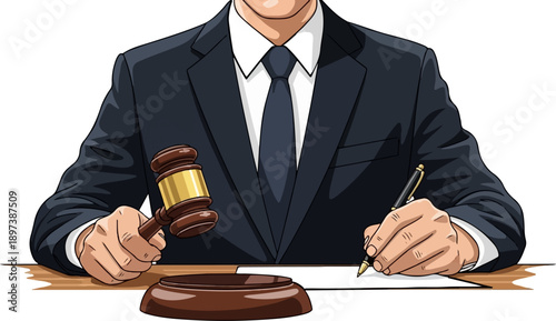 An illustration of a person in a dark suit with a tie, holding a judge's gavel and writing on paper