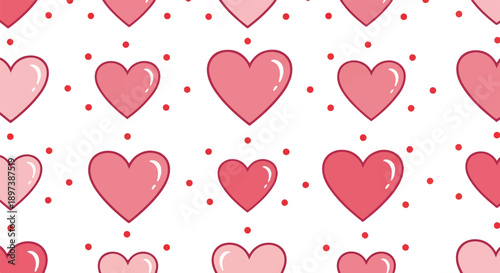 Seamless pattern of cute pink and red hearts with small red dots on a white background, ideal for romantic themes