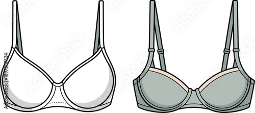 Bra design comparison, fashion illustration, undergarment sketch, lingerie template, minimal and colored version, garment concept, product development, apparel art