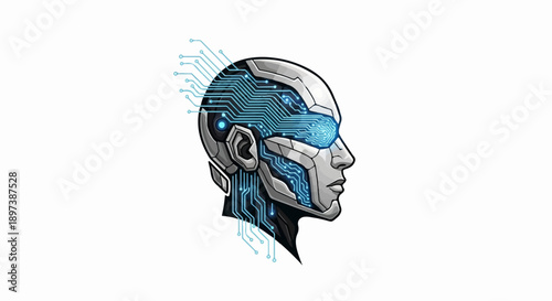 Stylized side profile of a humanoid robot head with intricate blue glowing circuit board patterns
