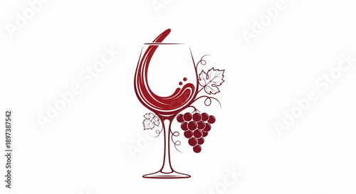 Stylized illustration of a wine glass with swirling red liquid, accompanied by a bunch of grapes and leaves