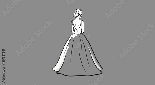 An illustration of a woman in a formal gown with an updo, seen from the back. Elegant