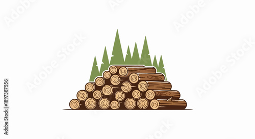 Stylized illustration of a large stack of cut wooden logs with green fir trees in the background
