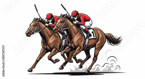 Two jockeys in red silks ride brown racehorses at full gallop, kicking up dust in an action illustration