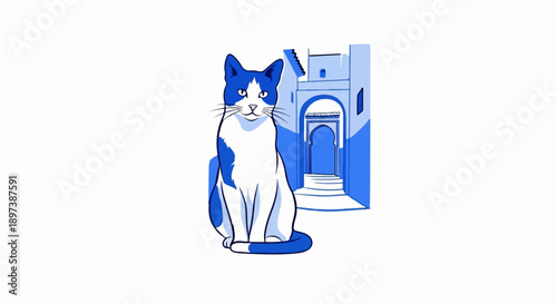 An illustration of a blue and white cat sitting in front of a blue archway and steps in a town