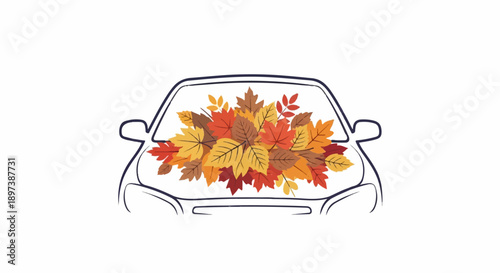 Stylized car outline with a windshield full of colorful autumn leaves, evoking fall season and nature