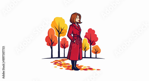 An illustration of a woman in a red trench coat standing on a path of fallen leaves in autumn park