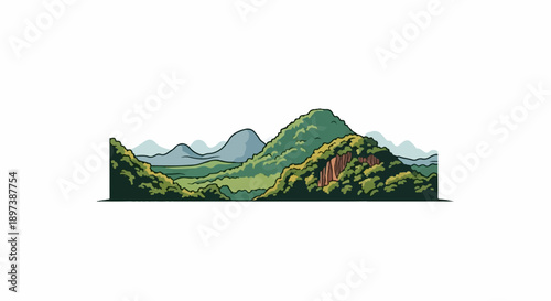 An idyllic, colorful cartoon landscape illustration featuring rolling green hills, mountains, and lush trees