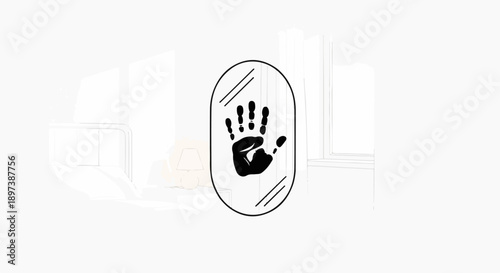 Black handprint on an oval mirror, set against a faintly sketched minimalist bedroom interior with bed and lamp
