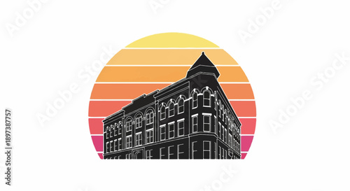 Black silhouette of an old building with a corner turret against a vibrant striped sunset