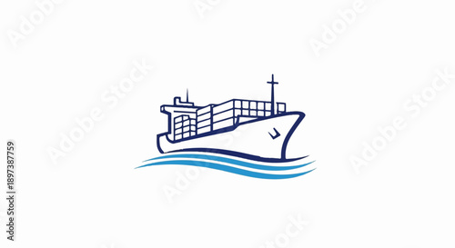 Stylized blue illustration of a cargo ship with containers on waves, depicting global trade and transport