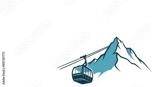 Simple graphic depicting a stylized blue mountain range with snowy peaks and a dark gondola lift cabin