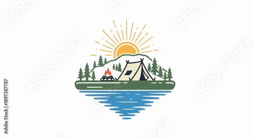 Illustrative outdoor scene featuring a tent, campfire, pine trees, mountains, sun, and water reflections