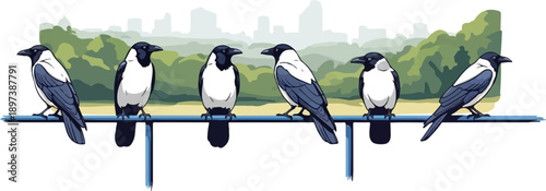 Six pixel art black and white birds with blue-grey wings perched on a bar, cityscape and trees background