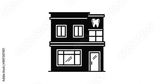 Simple black and white illustration of a dental clinic building facade