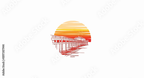 Minimalist graphic of a long pier structure extending into water, set against a circular striped sunset