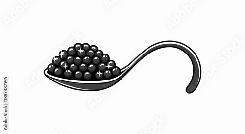 Monochromatic illustration of a serving spoon overflowing with glistening black spherical caviar or beads