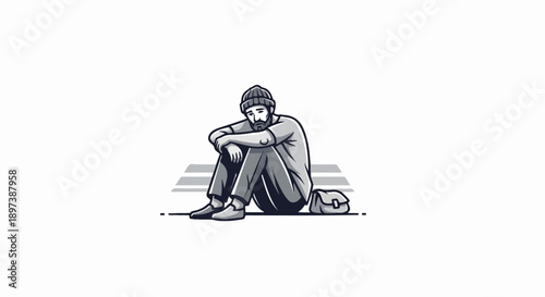 Monochromatic illustration of a sad bearded man in a beanie, sitting alone on the ground with a bag