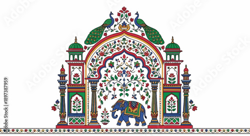 Colorful Indian-style archway with peacocks, a decorated elephant, floral patterns, and intricate borders