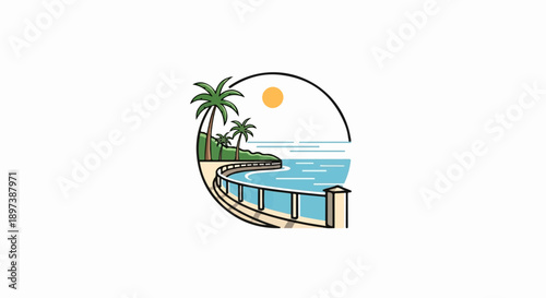 Tropical beach illustration with palm trees, sun, ocean, and a curved promenade inside a half-circle frame