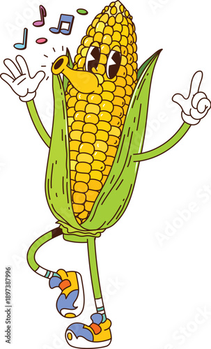 Groovy funky corn cob vegetable character whistling a melody. Cartoon vector cheerful and ripe maize plant with juicy sweet kernels and green husk. Farm veggie personage with happy face and party vibe
